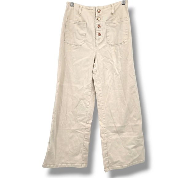 Entro‎ Wide Leg Crop Pants High Waist Button Front Pockets Beige Size M - Picture 1 of 10